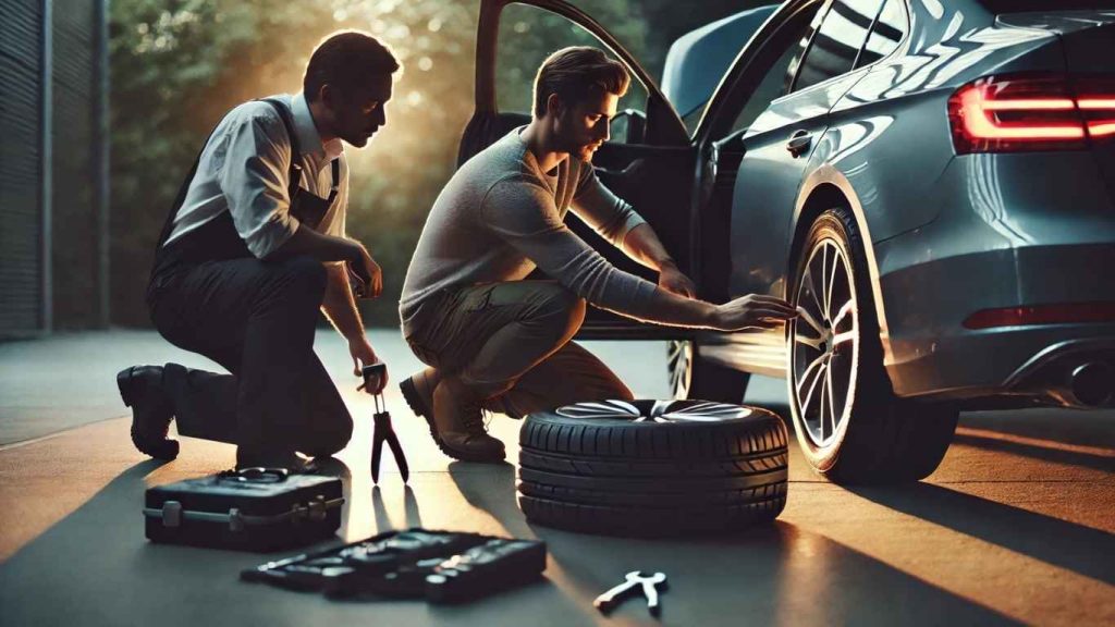 tài xế dịch vụ lái xe hộ bích long giúp khách thay lốp sơ cua