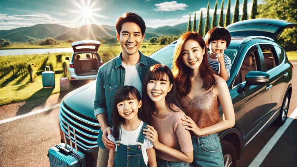 gia đình vui vẻ chụp hình bên dịch vụ xe hợp đồng cần thơ bích long