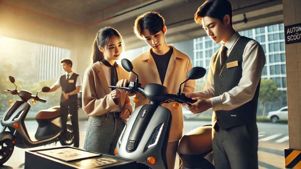 đôi bạn nam nữ kiểm tra xe trước khi thuê xe máy tay ga xe số tại cần thơ