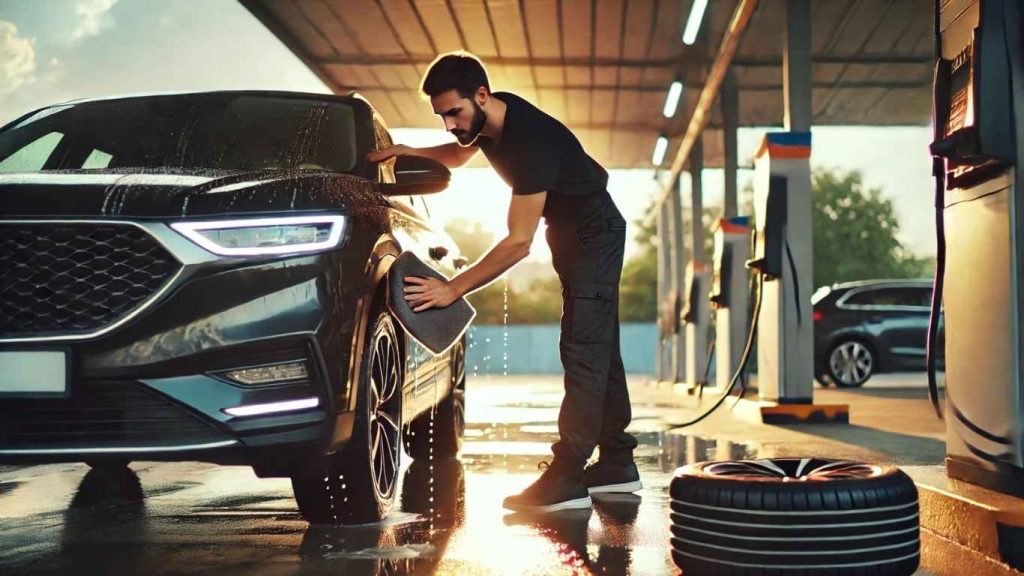 nhân viên của thuê xe tự lái khu vực ninh kiều cần thơ đang vệ sinh xe trước khi bàn giao cho khách