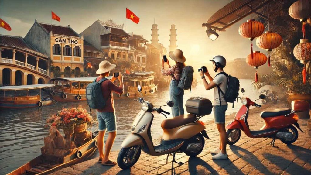 nhóm bạn thuê xe máy tay ga xe số tại cần thơ tham quan chụp ảnh bến ninh kiều